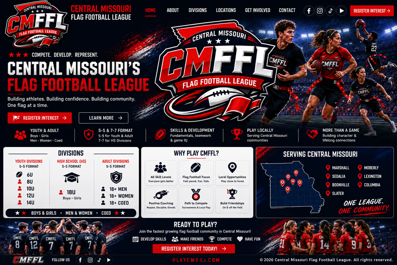 CMFFL Central Missouri Flag Football League homepage with youth divisions 6U, 8U, 10U, 12U, 14U, high school 18U, adult men, adult women, adult coed, serving Marshall, Sedalia, Boonville, Slater, Moberly, Lexington, and Columbia.